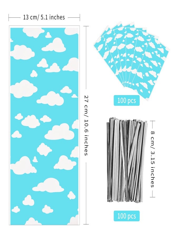 Lecferrarc 100 Pcs Blue Sky White Clouds Treat Bags White Clouds Print Cellophane Candy Bags Cartoon Story Party Favors with Twist Ties for Birthday Party Baby Shower Supplies - Image 2